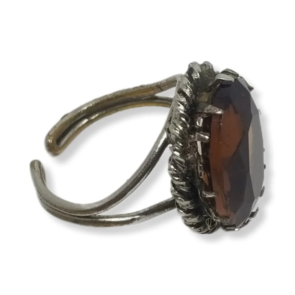VINTAGE GERMAN ARTISAN MADE SILVERPLATED BRASS & AMBER COLOR GLASS STONE RING